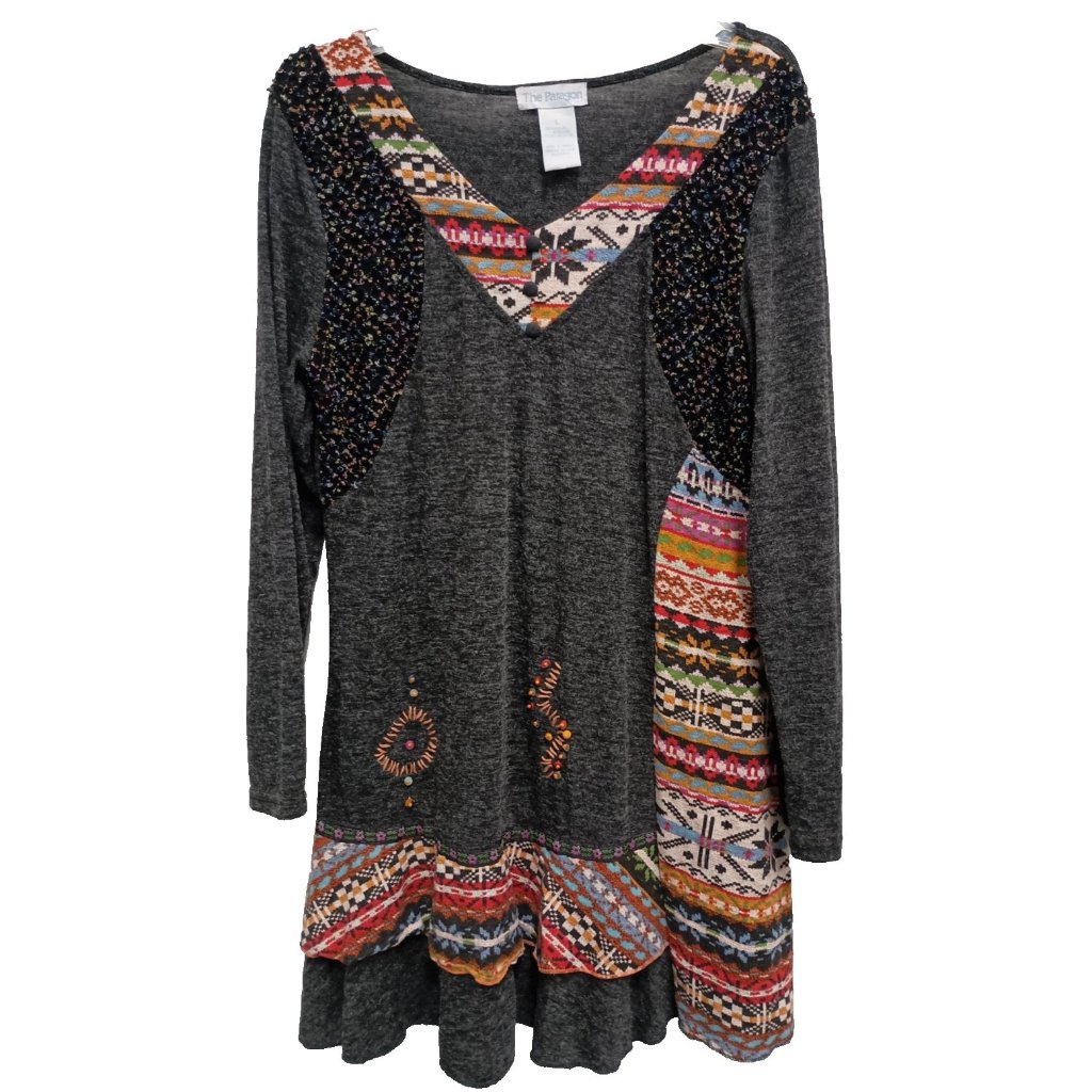 The Paragon Sweater Dress Size Large Gray Aztec Boho Long Sleeve V-Neck Casual